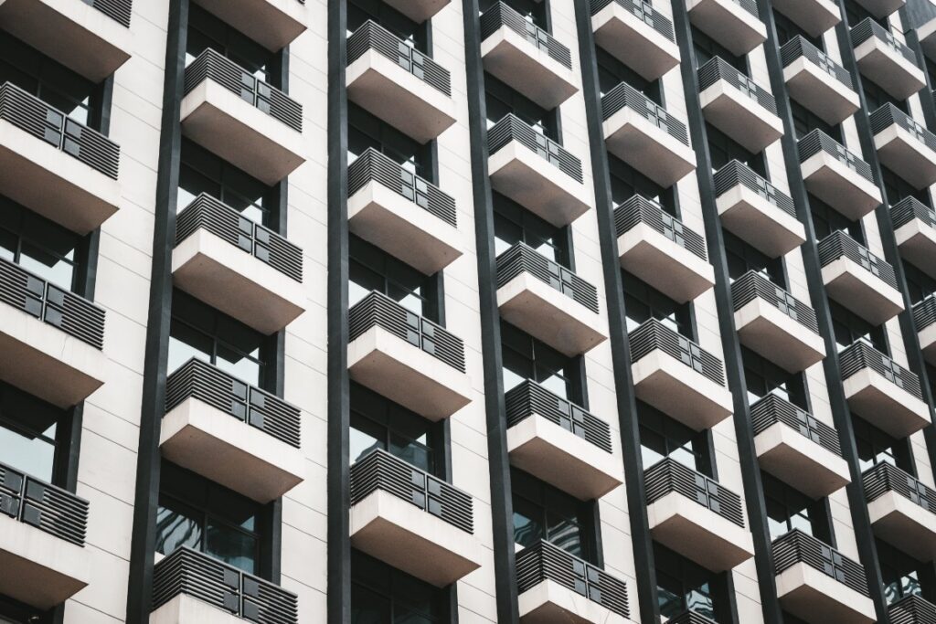 A close up of a hotel's balconies